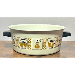 Vintage 1970s Enamel Sauce Pan Stock Pot 5 Qt MCM Coffee & Grinder Design